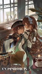  2girls absurdres antique_phone back_bow black_gloves black_hat black_jacket blue_bow blue_eyes bow brown_hair candle closed_mouth commentary_request commission cowboy_shot cup day drill_hair gloves green_kimono hair_between_eyes hair_bow hat hat_ornament heterochromia highres indoors jacket japanese_clothes kimono kodona lolita_fashion long_bangs long_hair long_sleeves looking_at_another looking_at_viewer maid multiple_girls peaked_cap phonograph plant potted_plant quill red_eyes rozen_maiden short_hair siblings sisters souseiseki star_(symbol) star_hat_ornament suiseiseki taishou tea teacup twice12314 twins very_long_hair wa_maid white_bow wide_sleeves window 