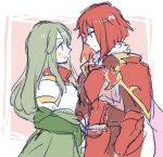  2girls armor breastplate closed_mouth dress elbow_gloves fire_emblem fire_emblem:_mystery_of_the_emblem gloves green_dress green_gloves green_hair long_hair looking_at_another mbkmmm minerva_(fire_emblem) multiple_girls palla_(fire_emblem) red_armor redhead short_hair shoulder_armor sidelocks smile 