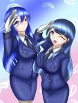 2girls blue_eyes blue_hair blue_shirt blue_skirt long_hair multiple_girls necktie original pencil_skirt police police_uniform policewoman white_shirt