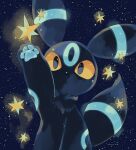  alternate_color animal_focus arm_up black_eyes blue_theme colored_sclera expressionless fluffy highres looking_at_viewer merino_(merino_9999) night night_sky no_humans pawpads pokemon pokemon_(creature) shiny_pokemon signature sky solo space sparkle star_(sky) star_(symbol) umbreon upper_body yellow_sclera 