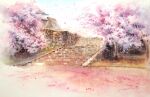  autumn_leaves building cherry_blossoms dappled_sunlight day highres hill nature no_humans original painting_(medium) path scenery shadow shimizu_megumi_(m_acquerello) sunlight traditional_media tree tree_shade watercolor_(medium) 