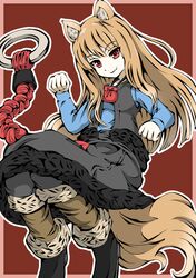  1girl absurdres animal_ears black_footwear black_skirt blue_shirt highres holo looking_at_viewer paw_pose pouch red_background red_eyes rope ryo_sidery shirt simple_background skirt smile solo spice_and_wolf tail vest wolf_ears wolf_tail 