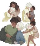  1girl 2boys aged_down alternate_species armor bags_under_eyes bisexual_male black_eyes black_hair blue_eyes boots carrying carrying_person chainmail child child_carry closed_eyes curly_hair dark-skinned_male dark_skin dungeon_meshi elf english_commentary genderswap genderswap_(mtf) gorget grey_hair highres hug jacket kabru kabru_(elf) kiss kissing_cheek lazy_eye leather_armor long_hair long_sleeves looking_at_another lumpia_at_kanin mithrun multiple_boys notched_ear pauldrons pointy_ears shirt short_hair shoulder_armor single_pauldron smile thigh_boots tunic uneven_eyes 