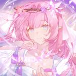  1girl annnnq blue_eyes commission crown crystal_flower dress elf elysia_(honkai_impact) falling_petals flower hair_between_eyes hair_flower hair_ornament hand_on_own_cheek hand_on_own_face highres honkai_(series) honkai_impact_3rd long_hair looking_at_viewer petals pink_hair pink_pupils pointy_ears solo thorns thorny_crown triquetra very_long_hair white_dress white_veil 