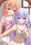  2girls azel_(laevateinn495) blue_eyes blue_hair blush gochuumon_wa_usagi_desu_ka? hair_between_eyes hair_ornament highres hoto_cocoa kafuu_chino long_hair long_sleeves mirror mirror_image multiple_girls open_mouth orange_hair pleated_skirt sailor_collar short_hair skirt smile two_side_up violet_eyes white_sailor_collar white_skirt x_hair_ornament 