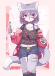  1girl absurdres animal_ear_fluff animal_ears animal_hands animal_nose ankle_socks bandaid bandaid_on_face bandaid_on_leg belt beru_(kuro_kemo28) black_belt black_shirt black_socks black_straps blue_shorts candy cat_ears cat_girl cat_paws cat_tail food furry furry_female grey_fur grey_hair highres holding holding_candy holding_food jacket looking_at_viewer multicolored_hair original pawpads red_eyes red_jacket redhead shirt short_hair shorts signature socks solo tail tongue tongue_out white_fur 
