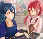  4girls alternate_hairstyle apron blue_apron blue_hair blue_scarf braid brown_eyes candy chocolate commentary_request cooking cordelia_(fire_emblem) crown_braid curtains fire_emblem fire_emblem_awakening fire_emblem_fates food hair_between_eyes hair_bun hair_ornament hairclip haru_(nakajou-28) heart heart-shaped_chocolate highres indoors kana_(female)_(fire_emblem) kana_(fire_emblem) long_hair long_sleeves looking_at_another morgan_(female)_(fire_emblem) morgan_(fire_emblem) mother_and_daughter multiple_girls oboro_(fire_emblem) oven_mitts pink_apron plaid_oven_mitts pointy_ears red_eyes redhead ribbed_sweater scarf short_hair single_hair_bun smile sweater turtleneck turtleneck_sweater white_sweater window 