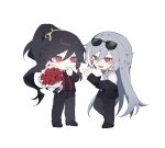  2girls :d black_footwear black_hair black_jacket black_necktie black_pants bouquet braid character_request collared_shirt commentary_request earrings eyewear_on_head flower fu_hua grey_hair hair_between_eyes haruka_(rsyaooooo) highres holding holding_bouquet honkai_(series) honkai_impact_3rd hoop_earrings jacket jewelry multicolored_hair multiple_girls necktie off_shoulder open_clothes open_jacket pants ponytail red_flower red_rose red_shirt rose shirt shoes simple_background smile standing standing_on_one_leg streaked_hair sunglasses white_background white_hair white_shirt 