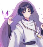  1boy cape genshin_impact hair_between_eyes japanese_clothes jewelry looking_at_viewer male_focus necklace open_mouth otakunocamp purple_cape purple_hair scaramouche_(genshin_impact) scaramouche_(kabukimono)_(genshin_impact) short_hair solo violet_eyes white_background 