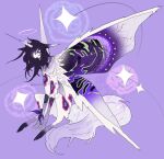  abstract_background animal_ears full_body green_wings hair_over_one_eye highres horns kamikiririp monster multicolored_wings no_humans original purple_background purple_hair purple_tail purple_wings sitting solo tail white_fur white_tail white_wings wings 