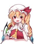  1girl ascot blonde_hair fang flandre_scarlet hat hat_ribbon heart highres open_mouth red_eyes red_ribbon ribbon side_ponytail simple_background skin_fang solo soooooook2 touhou upper_body v white_background white_mob_cap wrist_cuffs yellow_ascot 