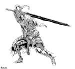  1boy armor artist_name artorias_the_abysswalker asmodiarl cape commentary dark_souls_(series) dark_souls_i english_commentary full_armor full_body gauntlets greatsword greyscale helm helmet highres holding holding_sword holding_weapon knight male_focus monochrome over_shoulder pauldrons plume shoulder_armor solo sword sword_over_shoulder torn_cape torn_clothes weapon weapon_over_shoulder 