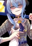  1girl 1other absurdres axe black_background black_choker blue_eyes blue_hair choker crazy_smile dress grabbing_another&#039;s_arm grey_dress highres holding holding_axe hololive hoshimachi_suisei hoshimachi_suisei_(1st_costume) long_hair looking_at_viewer nanakusa_ayame smile star_(symbol) star_choker striped_clothes striped_dress vertical-striped_clothes vertical-striped_dress virtual_youtuber 