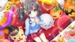  &gt;_&lt; 1girl black_hair black_hat blue_eyes blue_shirt breasts button_eyes buttons closed_mouth cookie couch cupcake dot_nose film_grain finger_to_own_chin food from_above game_cg ghost hair_ornament hair_scrunchie halloween hat indoors itsumura_yukari izumi_tsubasu jack-o&#039;-lantern jack-o&#039;-lantern_hair_ornament kindergarten_uniform lens_flare long_sleeves looking_at_viewer medium_hair name_tag non-web_source official_art on_couch plaid plaid_skirt purple_scrunchie re:stage! red_skirt scrunchie shirt sidelocks sitting skirt small_breasts smile solo sparkle star_(symbol) star_hair_ornament stuffed_animal stuffed_cat stuffed_toy tinsel tray twintails witch_hat wooden_floor 