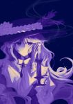  1girl absurdres blue_background candle candlestand expressionless frilled_hat frilled_sleeves frills hat hat_feather highres holding holding_candle jacket_girl_(dipp) juliet_sleeves long_hair long_sleeves monochrome puffy_sleeves skirt solo touhou upper_body uzumibi very_long_hair vest 