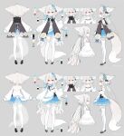  1girl :o absurdres ahoge animal_ear_fluff animal_ears ascot asymmetrical_legwear bacheally back bare_shoulders bell between_legs black_footwear blue_bow blue_dress blue_ribbon bow bowtie braid capelet child collar collared_dress color_guide detached_sleeves dress ears_down flower fox_ears fox_girl fox_tail frilled_capelet frilled_collar frilled_dress frilled_sleeves frills from_side full_body grey_background hair_between_eyes hair_ornament hair_scrunchie high_collar highres large_ears layered_dress long_hair long_sleeves looking_at_viewer low_twintails multiple_views original parted_lips puffy_long_sleeves puffy_sleeves red_eyes reference_sheet ribbon sakurada_shiro_(hy_plus) sash scrunchie short_dress side_braid simple_background sleeveless sleeveless_dress sleeves_past_wrists solo standing strappy_heels tail tail_between_legs thigh-highs twintails twitter_username vertical-striped_sash very_layered_dress very_long_hair watermark white_background white_dress white_flower white_hair white_thighhighs 