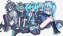  5girls ahoge aqua_bow aqua_bowtie aqua_hair aqua_shorts aqua_trim arm_behind_back arm_support arm_tattoo arms_at_sides arms_between_legs bare_shoulders belt black_bow black_footwear black_gloves black_hair black_hairband black_shirt black_skirt black_sleeves black_trim blue_belt blue_eyes blue_hair blue_necktie blue_trim blush boots bow bowtie breasts bright_pupils closed_mouth collared_shirt colored_shoe_soles commentary cross-laced_footwear detached_sleeves dot_mouth dot_nose feet_out_of_frame finger_to_cheek flat_chest frilled_skirt frills full_body gloves green_eyes green_necktie green_trim grey_eyes grey_shirt grey_sleeves hair_between_eyes hair_bow hair_ornament hairband hand_up hands_on_own_knees hatsune_miku headset high_heel_boots high_heels highres index_finger_raised knee_boots knees_apart_feet_together knees_up koi_wa_sensou_(vocaloid) lace-up_boots long_sleeves looking_at_another looking_at_viewer midriff multiple_girls multiple_persona necktie number_tattoo open_mouth pink_eyes platform_boots platform_footwear shirt short_necktie short_shorts short_sleeves shorts shorts_under_skirt side_slit simple_background sitting skirt sleeveless sleeveless_shirt small_breasts smile spiky_hair stylishtrash tattoo thigh_boots tie_clip tongue tongue_out twintails vocaloid wariza white_background white_pupils white_shirt zettai_ryouiki 