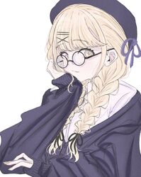  1girl 28ki_00 beret bespectacled black-framed_eyewear blonde_hair blue_cardigan blue_hat braid cardigan fujita_kotone gakuen_idolmaster glasses hair_ribbon hand_on_own_cheek hand_on_own_face hat highres idolmaster light_smile long_hair looking_at_viewer ribbon round_eyewear shirt simple_background solo twin_braids upper_body white_background white_shirt yellow_eyes 