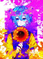  1boy antenna_hair basil_(headspace)_(omori) basil_(omori) chromatic_aberration closed_mouth expressionless flower flower_wreath green_eyes green_hair head_wreath highres holding holding_flower looking_at_viewer omori overall_shorts overalls scanlines shirt short_sleeves solo sunflower takenaka_(takenaka1111) yellow_shirt 