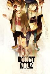  4girls aji77 bead_necklace beads blonde_hair blue_eyes blue_hair closed_eyes copyright_name donut_hole_(vocaloid) doughnut expressionless food goggles goggles_on_head green_eyes green_hair gumi hand_on_own_head hat hatsune_miku holding holding_food jacket jewelry kagamine_rin long_hair long_sleeves megurine_luka multiple_girls necklace pants pants_under_skirt pantyhose pink_hair short_hair shorts twintails vocaloid 