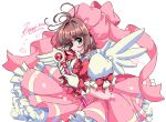  1girl antenna_hair artist_name bow bowtie brown_hair cardcaptor_sakura cherry_blossoms dress falling_petals from_side fuuin_no_tsue gloves green_eyes highres holding holding_wand kinomoto_sakura kisumi_rei petals pink_bow pink_dress pink_hat pink_ribbon puffy_short_sleeves puffy_sleeves red_bow red_bowtie ribbon short_sleeves signature solo wand white_background white_gloves white_wings wings 