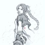  1girl aerith_gainsborough braid braided_ponytail closed_mouth cropped_jacket dress english_commentary final_fantasy final_fantasy_vii final_fantasy_vii_rebirth final_fantasy_vii_remake hair_ribbon holding_hands jen_bartel looking_at_viewer looking_back monochrome parted_bangs pov pov_hands ribbon sidelocks signature sketch 