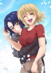  1boy 1girl athrun_zala black_pants blonde_hair blue_hair blue_sky brown_pants cagalli_yula_athha casual couple green_eyes grey_shirt gundam gundam_seed gundam_seed_freedom happy highres hug hug_from_behind looking_at_another looking_at_viewer looking_to_the_side nagisa_(nagi7mayn) one_eye_closed pants rainbow red_shirt shirt short_hair sky smile yellow_eyes 