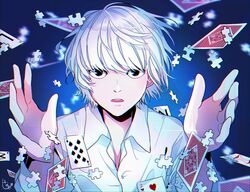  1boy amanoiyo_14 black_eyes blue_background blurry blurry_background card collared_shirt commentary death_note eight_of_spades floating_card gradient_background hands_up joker_(playing_card) long_sleeves looking_at_viewer male_focus mixed-language_commentary near_(death_note) open_mouth playing_card puzzle_piece shirt short_hair signature solo teeth two_of_hearts upper_body upper_teeth_only white_hair white_shirt 
