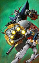  bazooka_(gundam) beam_cannon commentary_request finger_cannon foreshortening glowing glowing_eye glowing_eyes gundam highres holding holding_weapon mecha mecha_focus mobile_armor mobile_suit mobile_suit_gundam nakamura_jun'ichi no_humans one-eyed pink_eyes robot rx-78-2 science_fiction signature v-fin weapon yellow_eyes zeong 