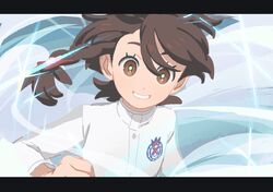  1girl 314pic bright_pupils brown_eyes brown_hair buttons clenched_hand commentary_request grin hair_ornament hand_up highres jacket juliana_(pokemon) long_sleeves pokemon pokemon_sv smile smoke solo teeth upper_body white_jacket white_pupils 