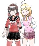  2girls ahoge akamatsu_kaede black_sailor_collar black_skirt black_wristband blonde_hair blunt_bangs bow bowtie breasts brown_hair closed_mouth collared_shirt commentary cowboy_shot danganronpa_(series) danganronpa_v3:_killing_harmony english_commentary flower flower_brooch hair_ornament hair_scrunchie hand_on_another&#039;s_arm happy harukawa_maki large_breasts light_blush long_hair long_sleeves looking_at_viewer low_twintails miniskirt mole mole_under_eye multiple_girls musical_note musical_note_hair_ornament musical_note_print necktie open_mouth orange_necktie pink_vest pleated_skirt pointing pointing_up purple_skirt qosic red_eyes red_scrunchie red_shirt red_thighhighs sailor_collar school_uniform scrunchie serafuku shirt signature simple_background sketch skirt sleeves_past_elbows small_breasts smile straight_hair thigh-highs twintails very_long_hair vest violet_eyes white_background white_bow white_bowtie white_flower white_shirt wide-eyed zettai_ryouiki 