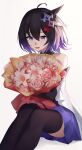 1girl absurdres ahoge bare_shoulders black_collar black_hair black_sleeves black_thighhighs bouquet chinese_commentary collar collarbone commentary_request detached_sleeves feet_out_of_frame flower gradient_hair hair_between_eyes hair_ornament highres holding holding_bouquet honkai_(series) honkai_impact_3rd knees_up ling_kongling looking_at_flowers multicolored_hair open_mouth purple_hair purple_skirt rose seele_vollerei seele_vollerei_(swallowtail_phantasm) shirt sitting skirt solo thigh-highs thighs violet_eyes white_background white_flower white_rose white_shirt 