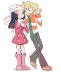  1boy absurdres barry_(pokemon) beanie blonde_hair blue_hair boots dark_blue_hair full_body green_scarf hat highres hikari_(pokemon) looking_at_another orange_eyes own_hands_together pink_footwear pokemon pokemon_dppt pokemon_platinum scarf signature standing transparent_background waackery white_hat white_scarf 