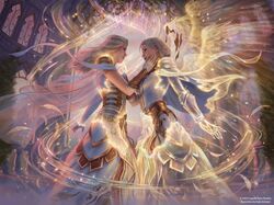  2girls absurdres amber_eyes andy_aslamov angel_wings artist_name blue_eyes bracer braid breasts cape cathedral copyright_name crown_braid dress fingerless_gloves fisheye flesh_and_blood gloves hand_on_another's_cheek hand_on_another's_face highres long_hair magic multiple_girls official_art prism_(flesh_and_blood) shiyana_(flesh_and_blood) short_hair small_breasts tiara transformation tree white_cape white_dress white_hair white_nails window wings 