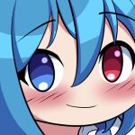  1girl blue_eyes blue_hair blush bmkro close-up closed_mouth commission english_commentary heterochromia looking_at_viewer lowres red_eyes smile solo tatara_kogasa touhou 