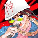  1girl black_background blue_eyes collared_shirt girls_band_cry hand_up helmet highres holding holding_microphone instrument iseri_nina kouhei_(seitekisyoudou) looking_at_viewer microphone music open_mouth pink_shirt red_background redhead shirt singing solo sunglasses sweat tambourine upper_body white_helmet 