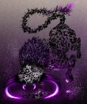  absurdres deadpool_yuchan elden_ring fallingstar_beast full_body glowing glowing_eye gradient_background highres hooves light_particles mandibles monster monster_focus no_humans one-eyed purple_theme signature solo spiked_tail sumi-e tail violet_eyes 