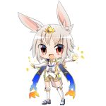  1boy animal_ears boots brown_shorts character_request chibi collared_shirt commentary_request fold-over_boots full_body gold gold_trim grey_hair hop_step_jumpers lets0020 long_sleeves looking_at_viewer male_focus medium_bangs open_mouth outstretched_arms rabbit_boy rabbit_ears red_eyes shirt short_hair shorts simple_background solo spread_arms transparent_background v-shaped_eyebrows white_footwear white_shirt 