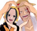  1boy 1girl alternate_hair_color bandana beard_stubble black_eyes black_hair collarbone commentary_request facial_hair highres looking_at_viewer makino_(one_piece) may_snmk mustache_stubble one_piece open_mouth redhead scar scar_across_eye scar_on_face shanks_(one_piece) shirt short_hair simple_background smile stubble white_background white_shirt 