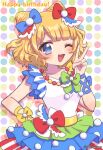  1girl ;d blonde_hair blue_bow blue_eyes blunt_bangs blush bow commentary_request cone_hair_bun cowboy_shot curly_hair double_bun dress hair_bow hair_bun hand_on_own_hip hand_up idol_clothes jewelry looking_at_viewer minami_mirei multicolored_clothes multicolored_dress necklace one_eye_closed open_mouth polka_dot polka_dot_background pretty_series pripara red_bow short_hair smile solo tabana v 