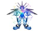  1boy android blue_helmet chest_jewel copy_x_(mega_man) forehead_jewel full_body glowing_feather hi-go! highres male_focus mechanical_wings mega_man_(series) mega_man_zero_(series) simple_background solo white_background wings 