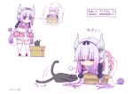  1girl black_cat black_hairband blue_eyes blush box cat child closed_eyes commentary_request dragon_girl dragon_horns dress gradient_hair hairband horns in_box in_container kanna_kamui kobayashi-san_chi_no_maidragon multicolored_hair no_mouth pink_dress purple_hair red_footwear solo standing tabayan_jigokuhen tail thigh-highs translation_request white_hair white_thighhighs 