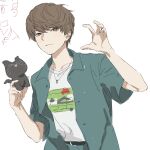  1boy brown_eyes brown_hair cat claw_pose closed_mouth commentary_request hands_up holding holding_toy jewelry jiz_(pffbq) kiyo_(youtuber) looking_at_viewer male_focus necklace real_life shirt short_hair simple_background smile solo toy upper_body white_background white_shirt 