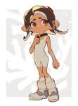  1girl absurdres agent_8_(splatoon) arm_warmers bare_shoulders bodysuit boots brown_hair coral full_body hand_up highres inari1369 long_hair looking_to_the_side octoling octoling_girl octoling_player_character parted_lips red_eyes single_arm_warmer sleeveless sleeveless_bodysuit socks solo splatoon_(series) splatoon_3 splatoon_3:_side_order standing suction_cups tentacle_hair white_bodysuit white_footwear white_socks 