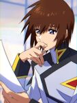  1boy blue_eyes blurry blurry_background brown_hair closed_mouth grey_jacket gundam gundam_seed gundam_seed_destiny hair_between_eyes hand_to_own_mouth highres holding holding_paper jacket kira_yamato long_sleeves male_focus military_uniform paper reading rrrisyf short_hair solo uniform upper_body white_jacket 