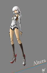  152_in_can 1girl absurdres altera_(fate) android bare_shoulders breasts character_doll character_name chitocerium collar crossover detached_collar detached_sleeves doll doll_joints english_text expressionless fate/grand_order fate_(series) full_body grey_background high_heels highres joints leotard robot robot_girl short_hair small_breasts solo veil white_collar white_hair white_leotard white_sleeves white_veil yellow_eyes 