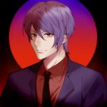  1boy absurdres black_background black_necktie closed_mouth collared_shirt hair_between_eyes highres jacket necktie open_clothes open_jacket purple_background qiao_mu red_background red_shirt shirt short_hair smile solo tokyo_ghoul tsukiyama_shuu 