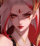  1girl 891 closed_mouth colored_tips english_commentary eyeshadow forehead_jewel highres league_of_legends leblanc_(league_of_legends) lipstick looking_at_viewer makeup multicolored_hair official_alternate_costume official_alternate_hairstyle portrait red_background red_eyeshadow red_lips redhead risen_legend_leblanc shirt short_hair simple_background solo two-tone_hair white_shirt yellow_eyes 