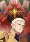  1boy artist_logo blonde_hair blue_eyes bodysuit char&#039;s_counterattack char_aznable closed_mouth commentary_request glowing glowing_eye green_eyes gundam highres light_frown light_particles looking_ahead looking_at_viewer mecha mobile_suit normal_suit one-eyed portrait robot sazabi science_fiction short_hair spacesuit ususio_11 yellow_bodysuit 
