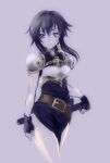  1girl armor belt black_hair breastplate fire_emblem fire_emblem:_genealogy_of_the_holy_war gloves holding holding_sword holding_weapon larcei_(fire_emblem) looking_at_viewer purple_tunic saneatsu sheath sheathed short_hair shoulder_armor sidelocks simple_background smile solo sword tomboy tunic violet_eyes weapon 